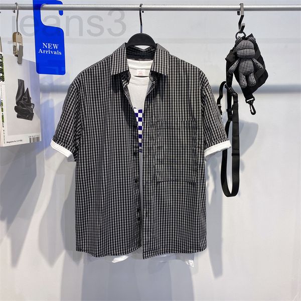 

men's casual shirts designer summer thin check shirt fashion splicing loose short sleeve men's bear accessories b1cjc2311 8xi9, White;black