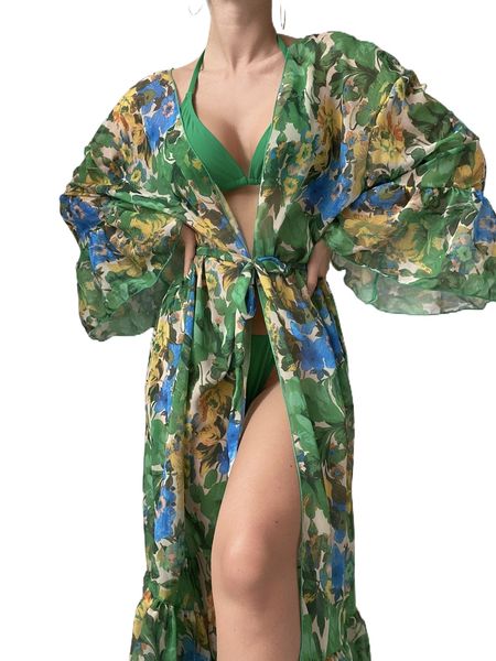 

floral print flounce sleeve belted kimono f5px#, White;black