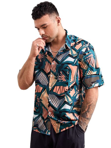 

extended sizes men allover geo print button front shirt q8nu#, White;black