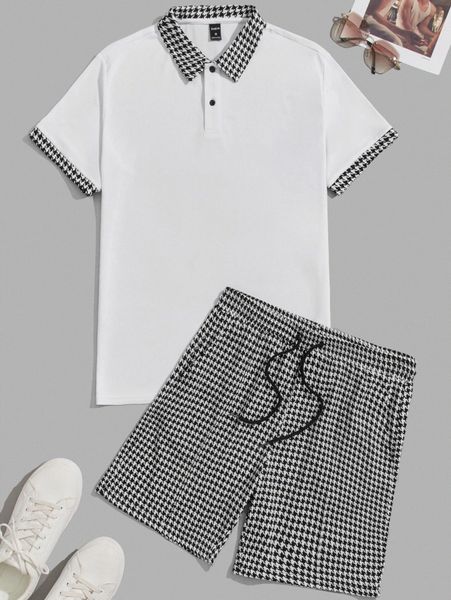 

men houndstooth print polo shirt & drawstring waist track shorts e9ht#, Gray