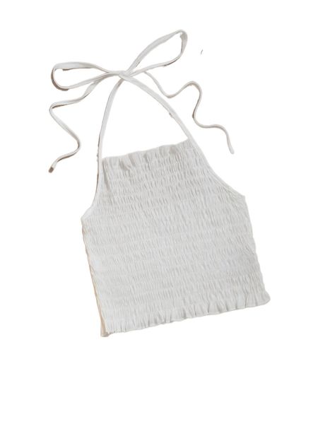 

shirred frill trim tie backless crop halter o2xo#, White