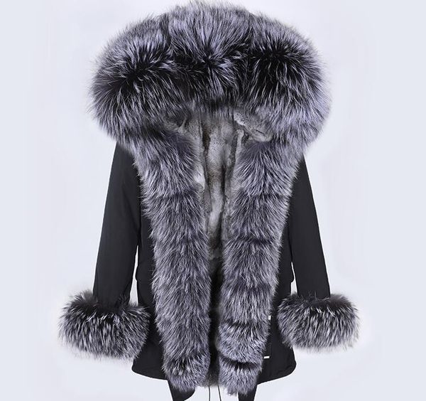 Grey Rex Rabbit Rur Linting Black Long Parkas Jacket Хорошая качество снежные женские пальто с серебряной лисовой меховой отделкой