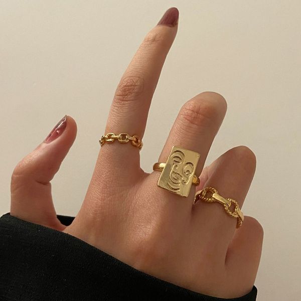 

korean golden smiley face twist woven ring set for women female girls index finger rings men party wedding gift jewelry 220716, Slivery;golden