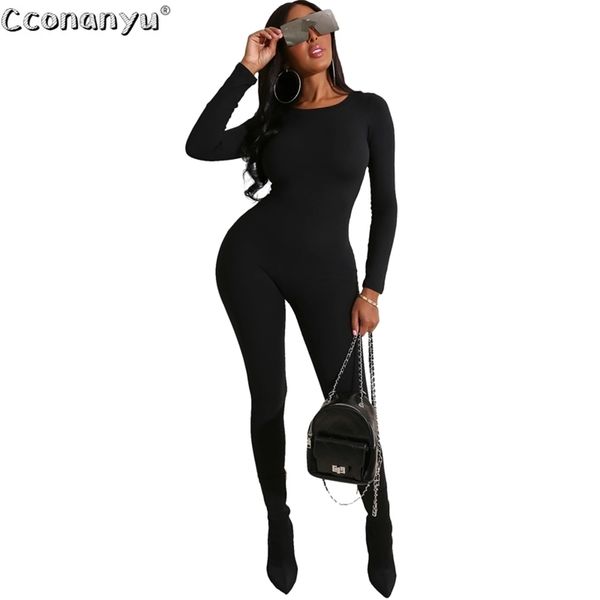 

jumpsuit for women long sleeve elegant black green round neck rompers womens bodycon jumpsuit club party 210326, Black;white