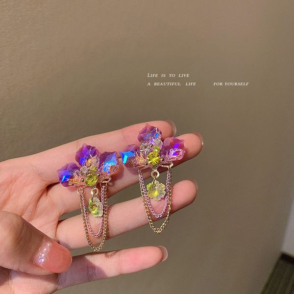

925 silver needle colorful crystal flower earrings summer korean super fairy stud earrings internet celebrity palace style long eardrop for, Golden