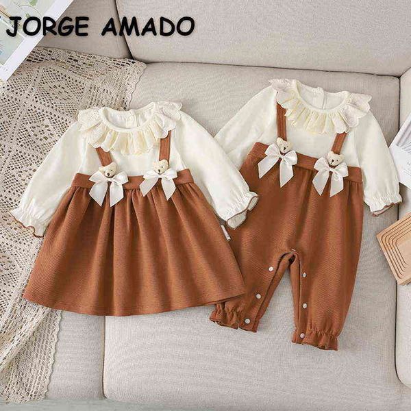

2022 spring family matching sister clothes long sleeves bow patchwork romper+coffee princess dress twins cute outfits e9165 aa220326, Red;yellow