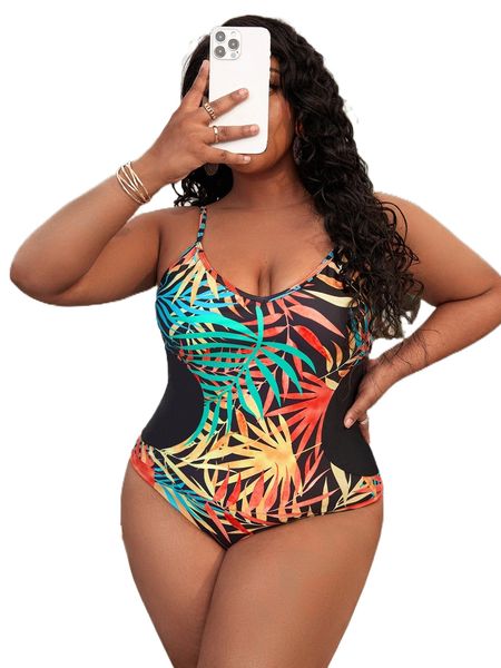 

plus tropical print one piece swimsuit o9kt#, White;black