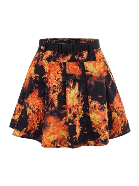 

x glitter and lace buckle belted boxy pleated fire print skirt n1v4#, Black