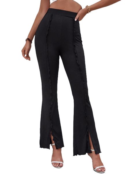 

high waist lettuce trim slit front flare leg pants m35q#, Black;white