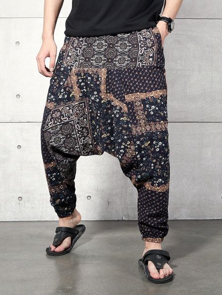 

men patchwork print drop crotch pants q7ne#, Black