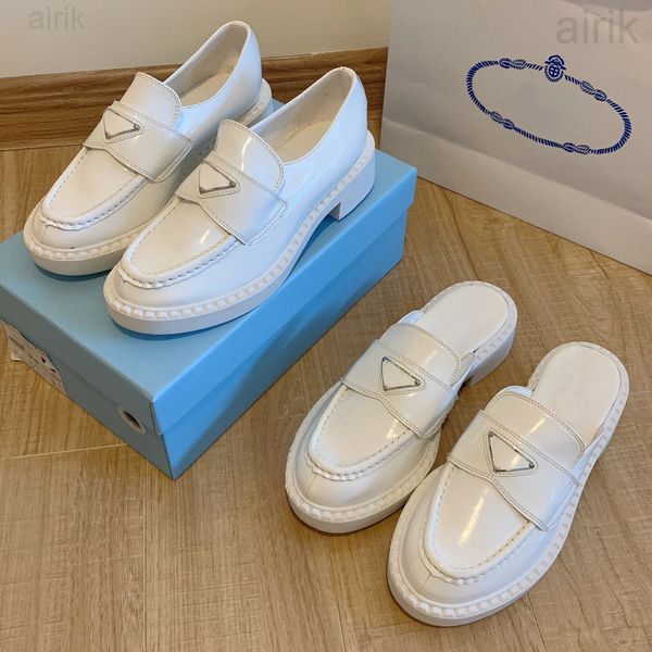 

designer women shoes brand metal triangle monolith loafers rubber platform sneakers black shiny leather slipper pointed round toes shoe