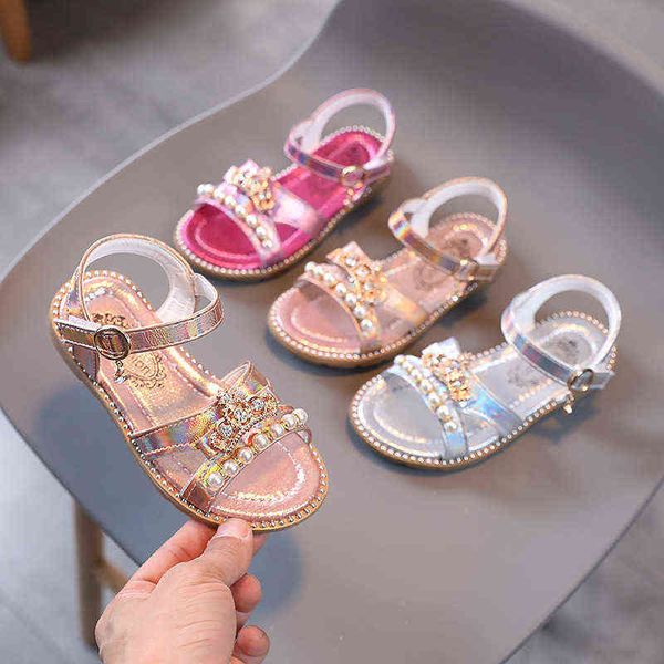 2021 Perlen Strass Kinder Sandalen für Mädchen Leder Strand Sandalen Kinder Sommer Schuh Prinzessin Sandalen 1 3 5 7 9 10 11 12 jahr G220523