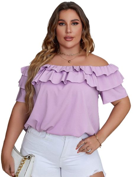 

plus ruffle trim off shoulder blouse g7td#, Black