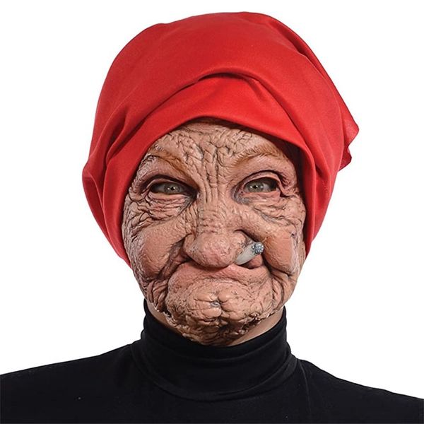 Máscaras de festa fumando máscaras de látex da velhinha com rosto enrugado e figurino de cachecol vermelho adereços de halloween máscara de terror suprimentos 220826