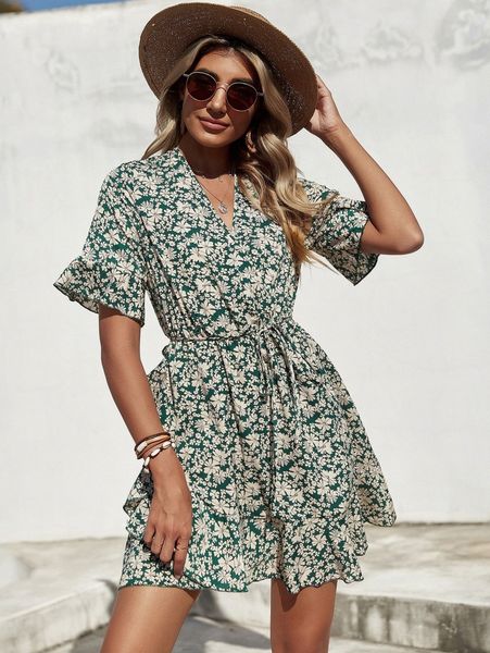 

surplice neck floral print flounce sleeve belted ruffle hem dress 94cf#, Black;gray