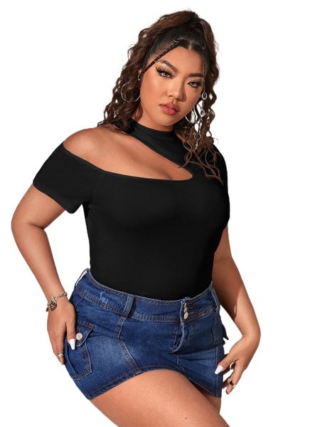 

plus solid cut out rib knit tee 99lw#, Black