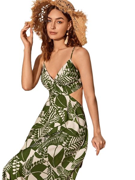 

tropical tie back cut out cami dress q6ty#, Black;gray