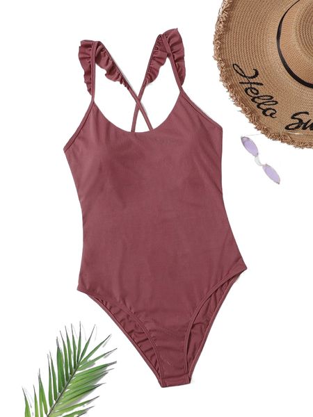 

crisscross back ruffle trim ribbed one piece swimsuit n7sv#, White;black