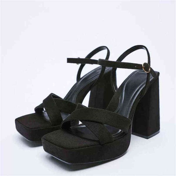 

sandals woman high heels shoes 2022 za black square nose platform women ankle strap pumps green slingback fashion 220412
