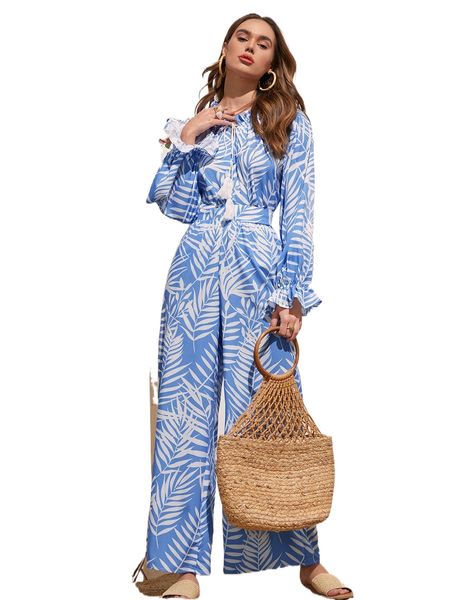 

tie neck flounce sleeve tropical print and pants set 71xn#, White