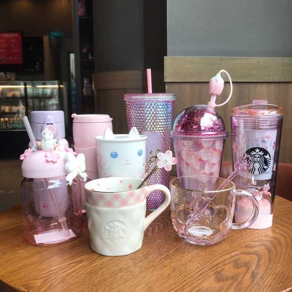 

2020 starbucks cup cat cherry blossom purple cherry sequin powder goddess straw mug water cup