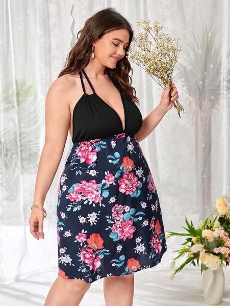

plus floral print tie backless dress k9z6#, Black