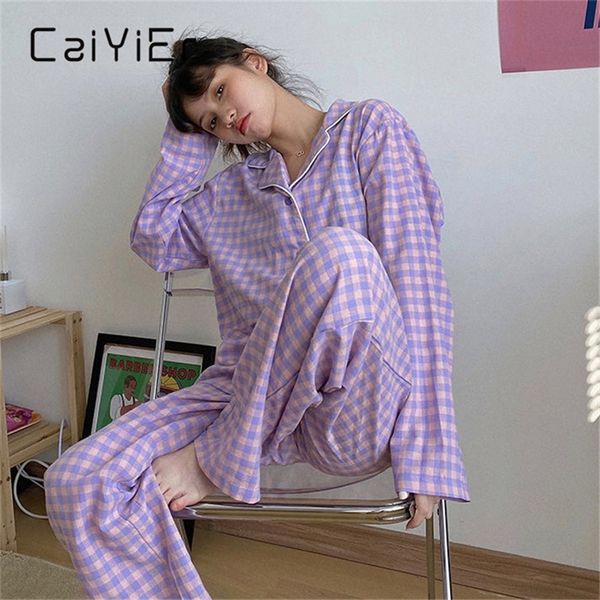 

caiyier korean purple grid girls pajamas set cute winter long sleeve leisure sleepwear for women loose nightwear homewear suit 220408, Black;red