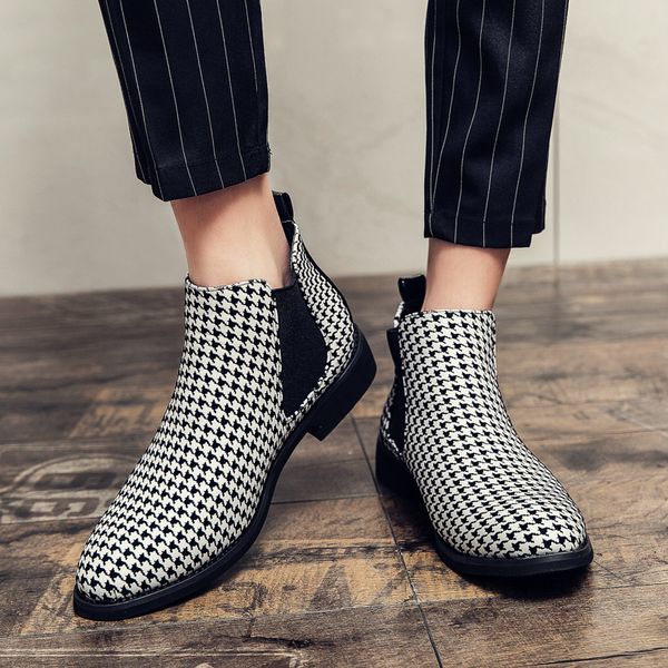 Chelsea Boots Men Shoes PU Houndstooth Clássico Fashion Business Casual Street Versátil Retro British Style Ankle Boots EUR: siz 38-48