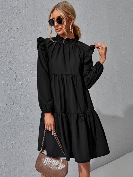 

ruffle trim ruched front smock dress g3zt#, Black;gray