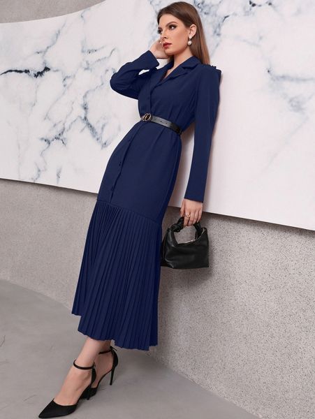 

lapel collar pleated hem belted dress 6802#, Black;gray
