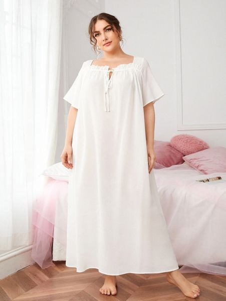 

plus tie front frill trim sleepdress y3nd#, Black;white
