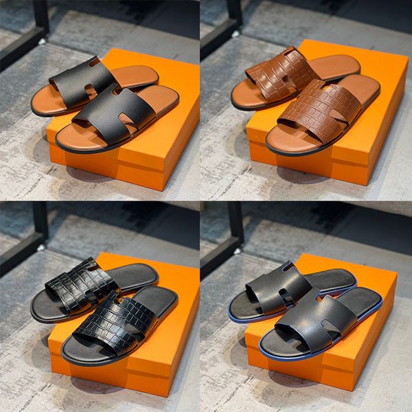 

latest men slippers designer slipper lazy large beach sandals calfskin slides summer flat scuffs sandal with box, Black