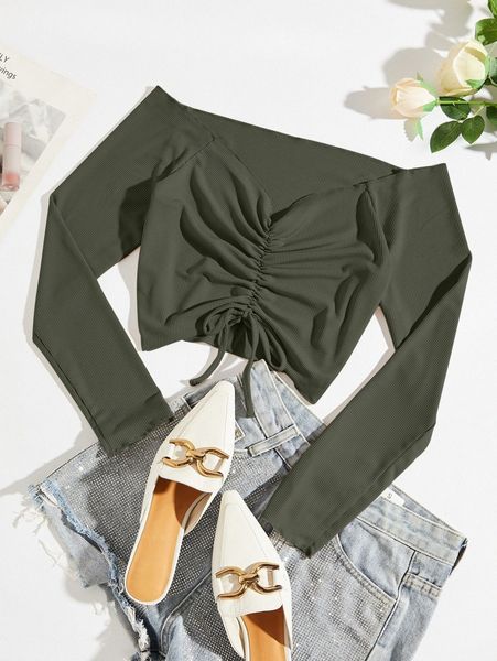 

off shoulder drawstring tee t83t#, White