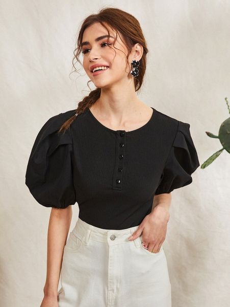 

puff sleeve ribbed knit 346i#, White