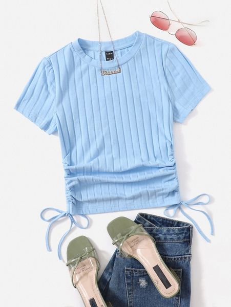 

drawstring ruched side rib-knit tee m0bk#, White