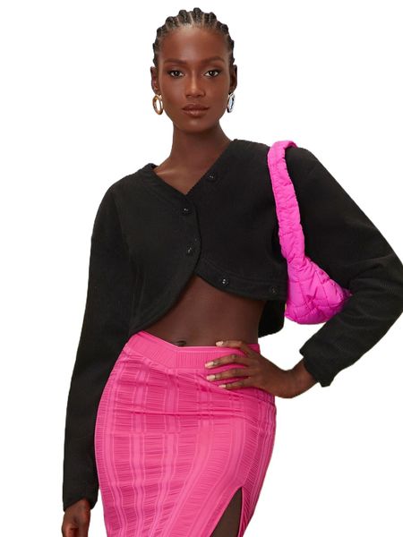 

newness solid crop cord jacket t18s#, Black;brown