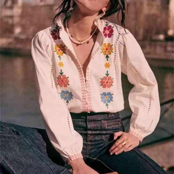 

women's blouses shirts legal system se spring and summer leisure flower heavy industry embroidery ruffle high collar shirt female, White