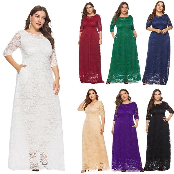 

party dresses plus size 6xl o-neck lace evening dress hollowed out prom gown have pockets formal half sleeve robe xucthhc 2022, White;black
