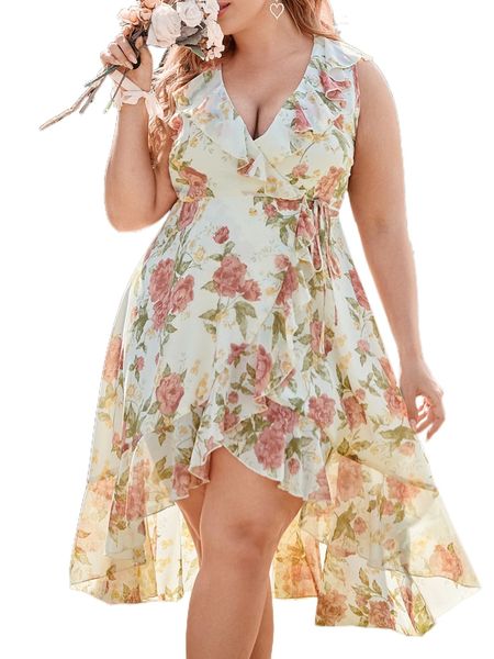 

plus floral print ruffle trim wrap knot side dress v5nc#, Black
