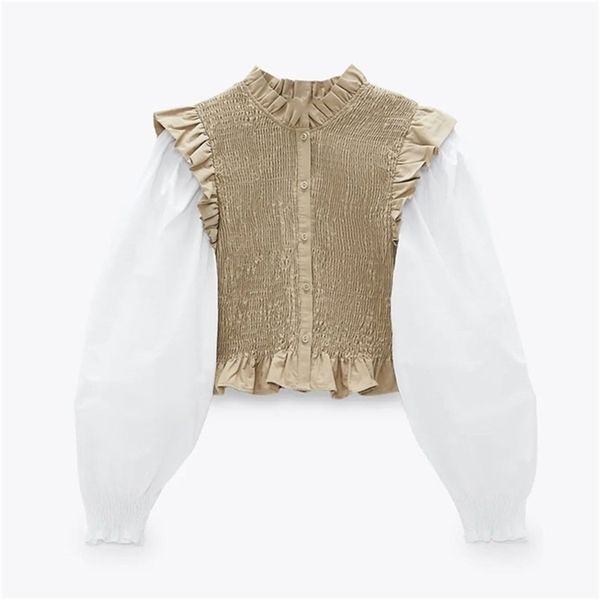 

patchwork shirred cropped shirt women long puff sleeve ruffle smocked elastic female chic button up vintage blouse 210524, White