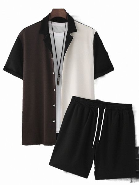 

men colorblock shirt & drawstring waist shorts without tee g0r0#, Gray
