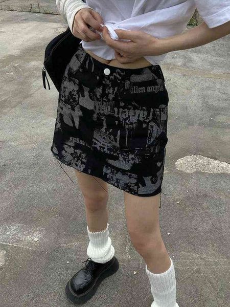 

houzhou gothic grunge print denim mini skirt women punk e girl distressed high waist a-line black jean skirt korean streetwear t220819