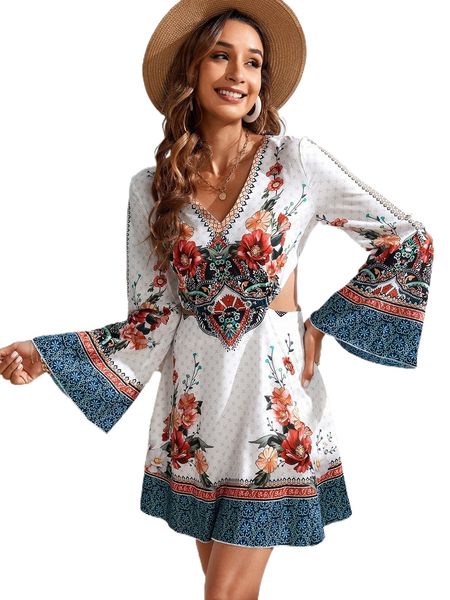 

floral print trumpet sleeve cut out dress b2js#, Black;gray