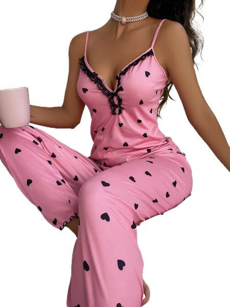 

heart print contrast lace bow front cami pj set 45vn#, Black;red