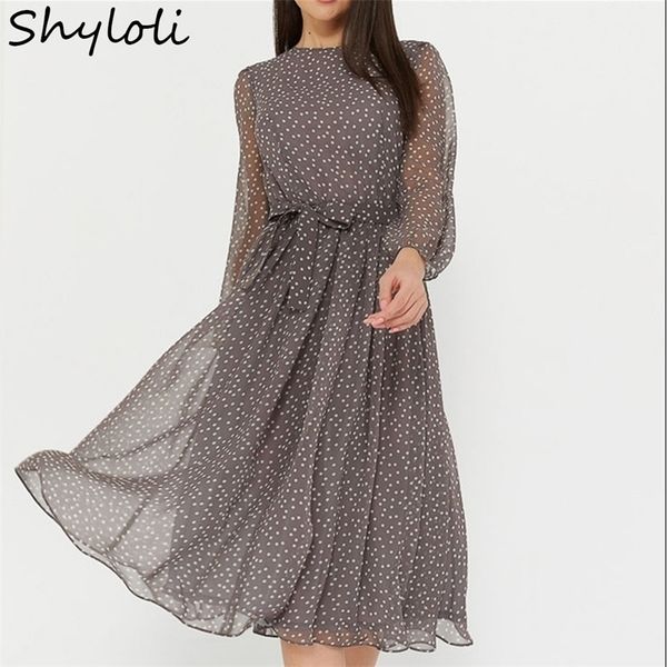 

shyi elegant dot print long sleeve women dresses boho casual o-neck chiffon a-line dress vintage party vestidos 220423, Black;gray