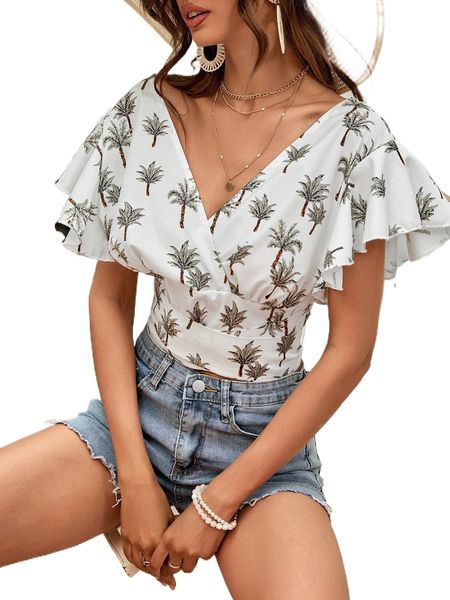 

palm tree print flutter sleeve overlap collar blouse t1nb#, White