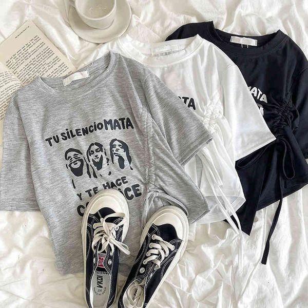 

women's t-shirt 2022 american sweet cool short irregular drawstring design feeling split print slim fit sleeve t-shirt ptz2, White