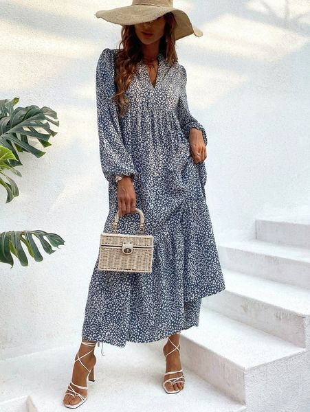 

leopard print lantern sleeve ruffle hem smock dress q4ww#, Black;gray