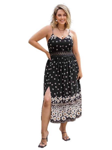 

plus floral print guipure lace insert split thigh cami dress w8zc#, Black