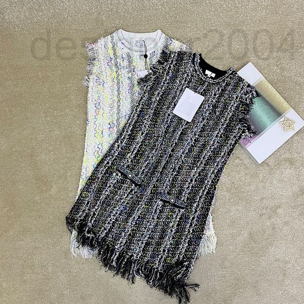 

casual dresses designer xiaoxiangjia 2022 spring and summer new round neck pullover sleeveless color ribbon lattice tassel slim dress for wo, Black;gray